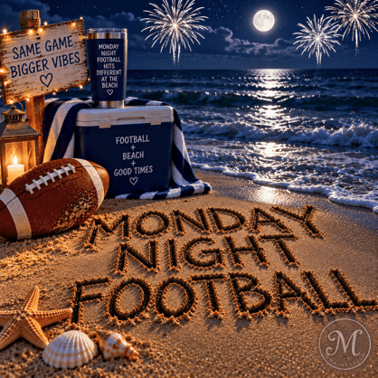 the words monday night football are written in the sand on a beach
