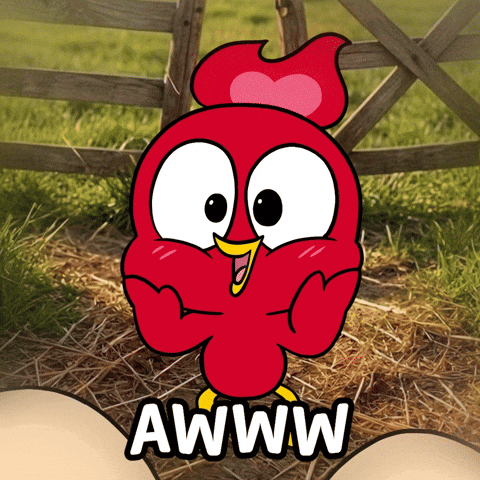 A red cartoon chick clasps its wings and smiles beneath “Awww.”
