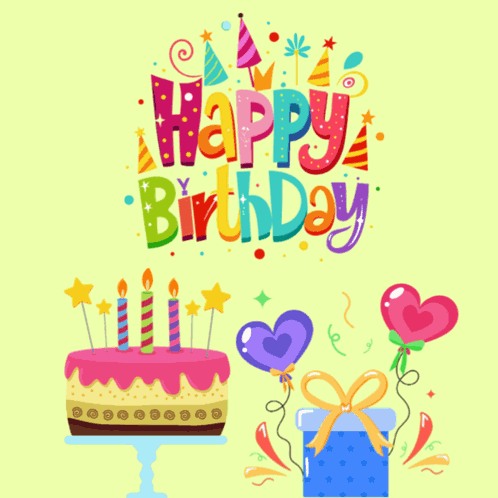 a happy birthday greeting card with a cake balloons and a gift box