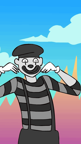 a black and white cartoon of a mime with a big smile