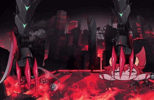 a cartoon drawing of a city destroyed by a monster