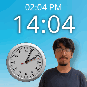 a man wearing glasses stands in front of a clock that says 14:04