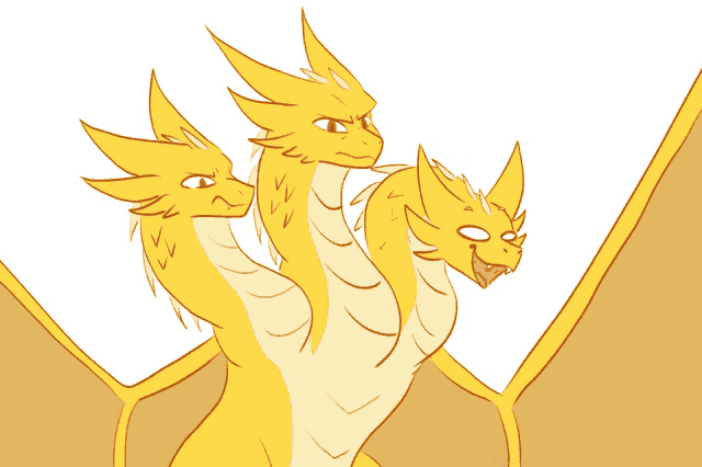 a cartoon drawing of a yellow dragon with three heads