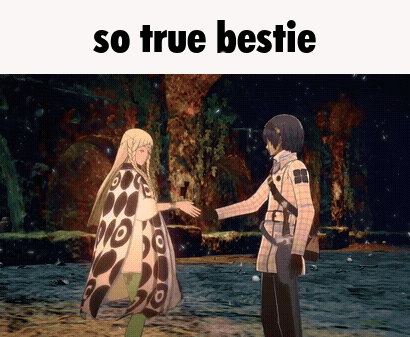 a man and a woman are shaking hands in a video game with the words so true bestie on the bottom