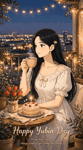 a girl is sitting at a table with a birthday cake and a cup of coffee