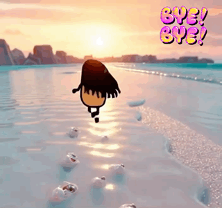 A small cartoon girl walks along a glowing beach with “BYE BYE!” text.