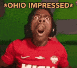 A man in a red jersey reacts in exaggerated amazement beneath “OHIO IMPRESSED.”