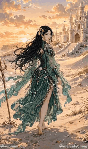 a painting of a woman in a green dress with a trident in front of a castle