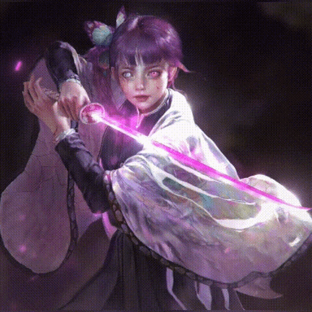 a girl with purple hair is holding a sword in her hand .