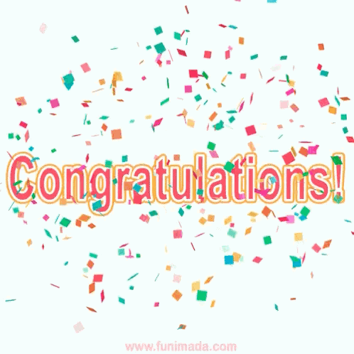 Bright confetti falls around outlined “Congratulations!” lettering on white.