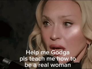 a woman speaking into a microphone with the words help me godga pls teach me how to be a real woman below her