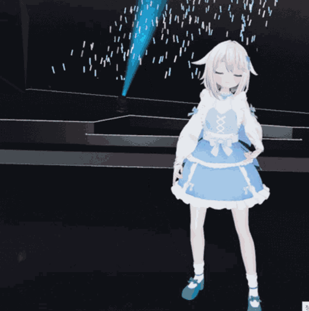 a girl in a blue and white dress is standing in front of a spotlight