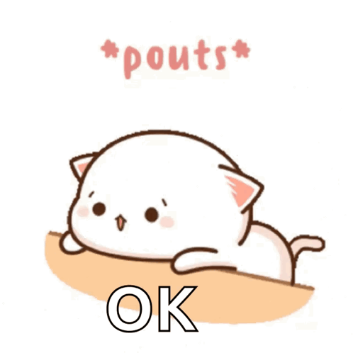 A chubby white cartoon cat pouts on a peach-colored cushion beneath “OK.”