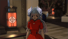 A horned fantasy character stands hunched in a dim brick-walled room.