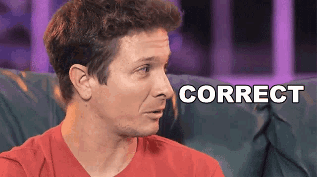a man in a red shirt is sitting on a couch with correct written on the screen