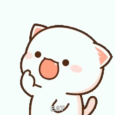 A cute white cat opens its mouth wide with a hungry expression.