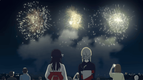 a group of people are watching fireworks in the sky