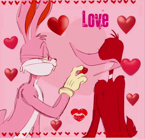 bugs bunny and daffy duck on a pink background with hearts and the word love