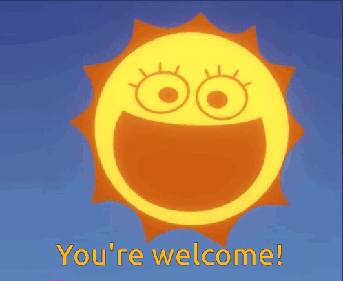 The smiling sun character from The Amazing Digital Circus beams with “You’re welcome!”