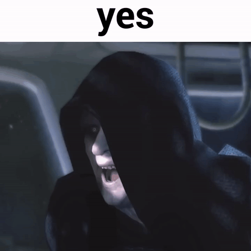 a picture of a man in a black hood with the word yes above him