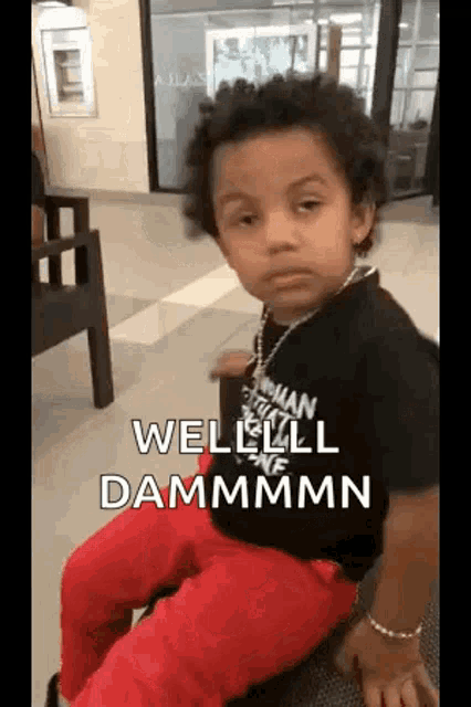 A small child looks unimpressed while text reads “WELL DAMMMMN.”