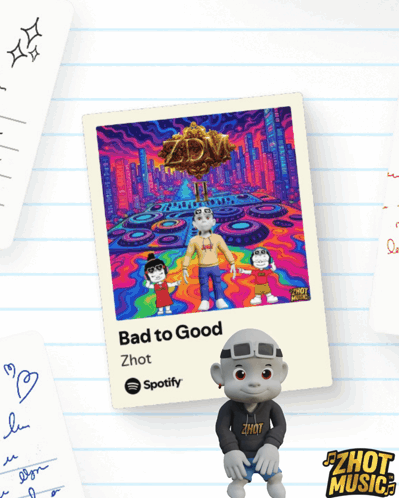a cartoon character standing next to a poster for bad to good zhot