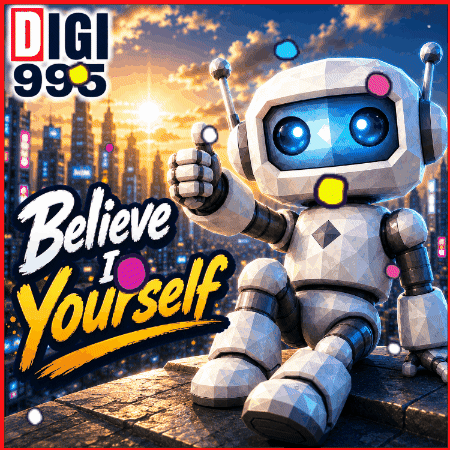 a robot giving a thumbs up next to the words believe in yourself