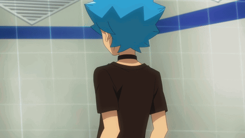 a cartoon character with blue hair and a black shirt is standing in a bathroom