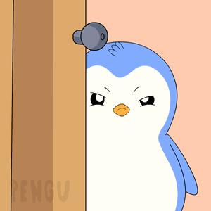 A blue penguin peeks from behind a doorway as if leaving.