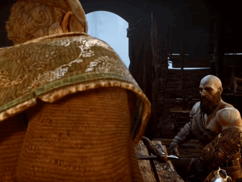 a man with a beard is holding a knife in a video game