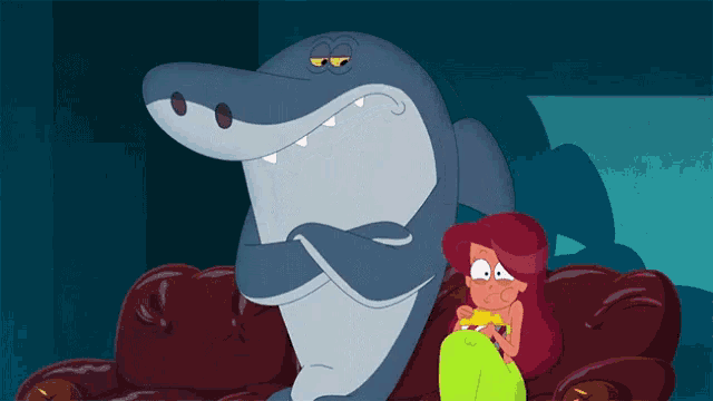 a cartoon of a woman sitting next to a shark with its mouth open