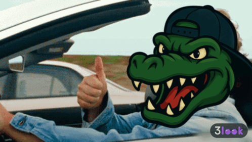 A cartoon alligator driver leans from a car and gives a thumbs up.