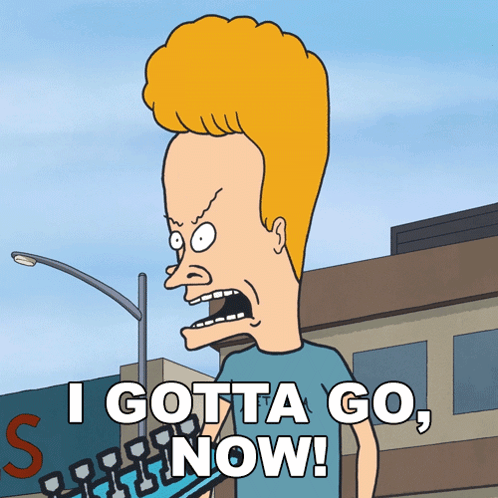 a cartoon character says " i gotta go now " in front of a building