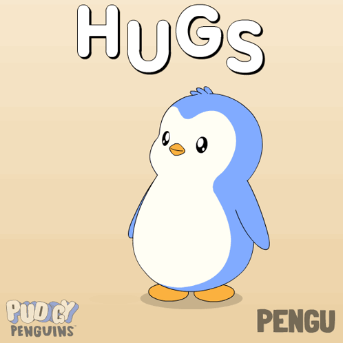 A blue penguin stands under a large “HUGS” caption.