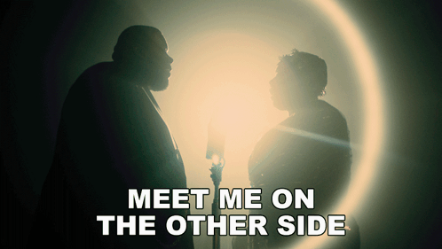 a poster that says meet me on the other side with two people standing next to each other