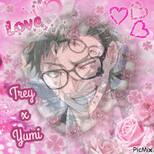 a picture of trey x yumi with pink flowers