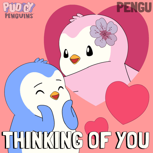 Two cheerful penguins stand beside a large heart under “THINKING OF YOU.”