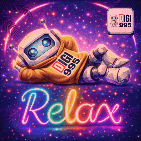 a robot wearing a digi 999 sweatshirt is laying down in front of a neon sign that reads relax