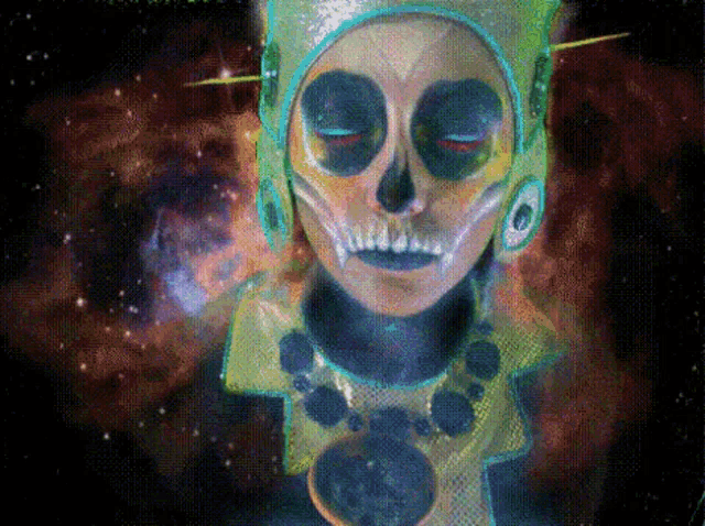 a painting of a woman with a skull on her face and a necklace