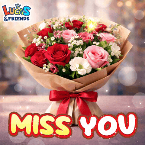 A bouquet of red and pink roses says “MISS YOU.”