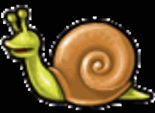 a cartoon snail with a yellow head and a brown shell on a black background