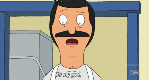 Bob Belcher looks startled as a subtitle says “Oh my god.”
