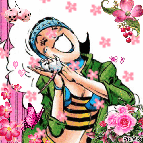 a cartoon of a woman holding a mouse with flowers around her