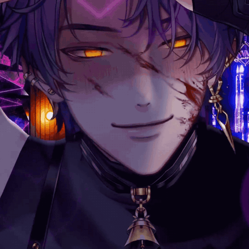 A purple-haired VTuber character smiles with glowing orange eyes.