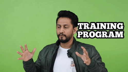 a man with a beard is standing in front of a green screen with the words training program above him