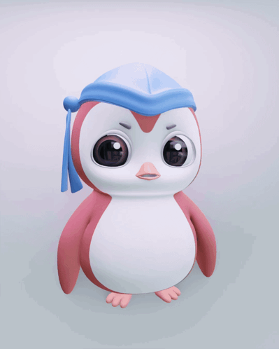 A small pink-and-blue cartoon penguin stands against a pale background.