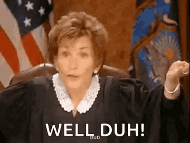 Judge Judy gestures from her bench beneath the caption “WELL DUH!”.