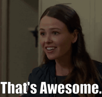 a woman is smiling with the words that 's awesome written below her