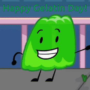 a cartoon gummy bear is smiling and pointing with the words happy gelatin day written above it