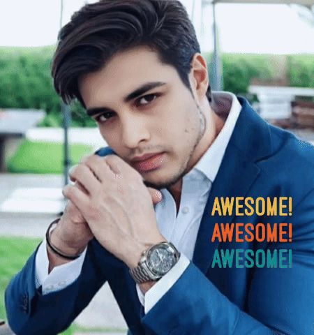 A sharply dressed man leans forward beside repeated “AWESOME!” text.